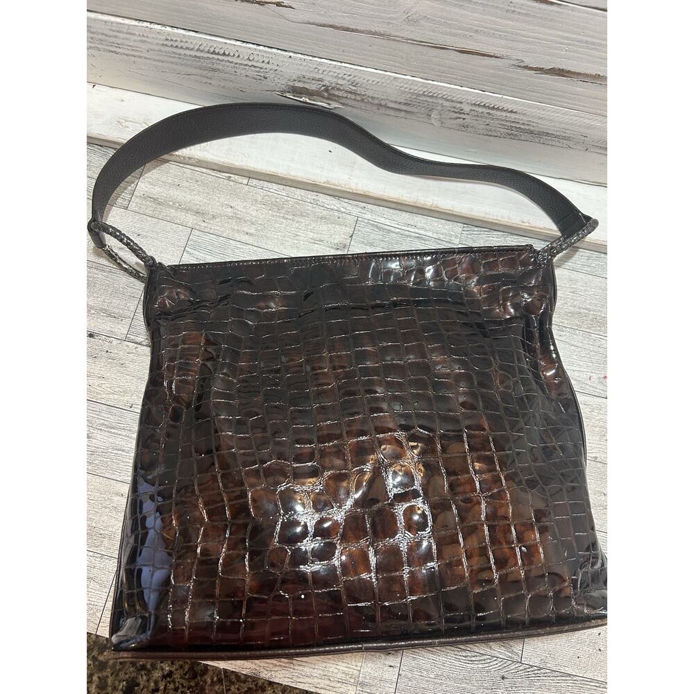 BRIGHTON Cher Handbag Bronze Brown Croc Patent Leather Shoulder Bag Orange Lined - Picture 3 of 10